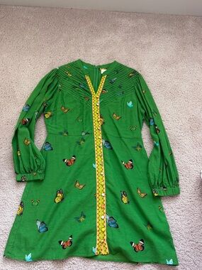 Green Butterfly-Print Long Sleeve Dress with Yellow Trim